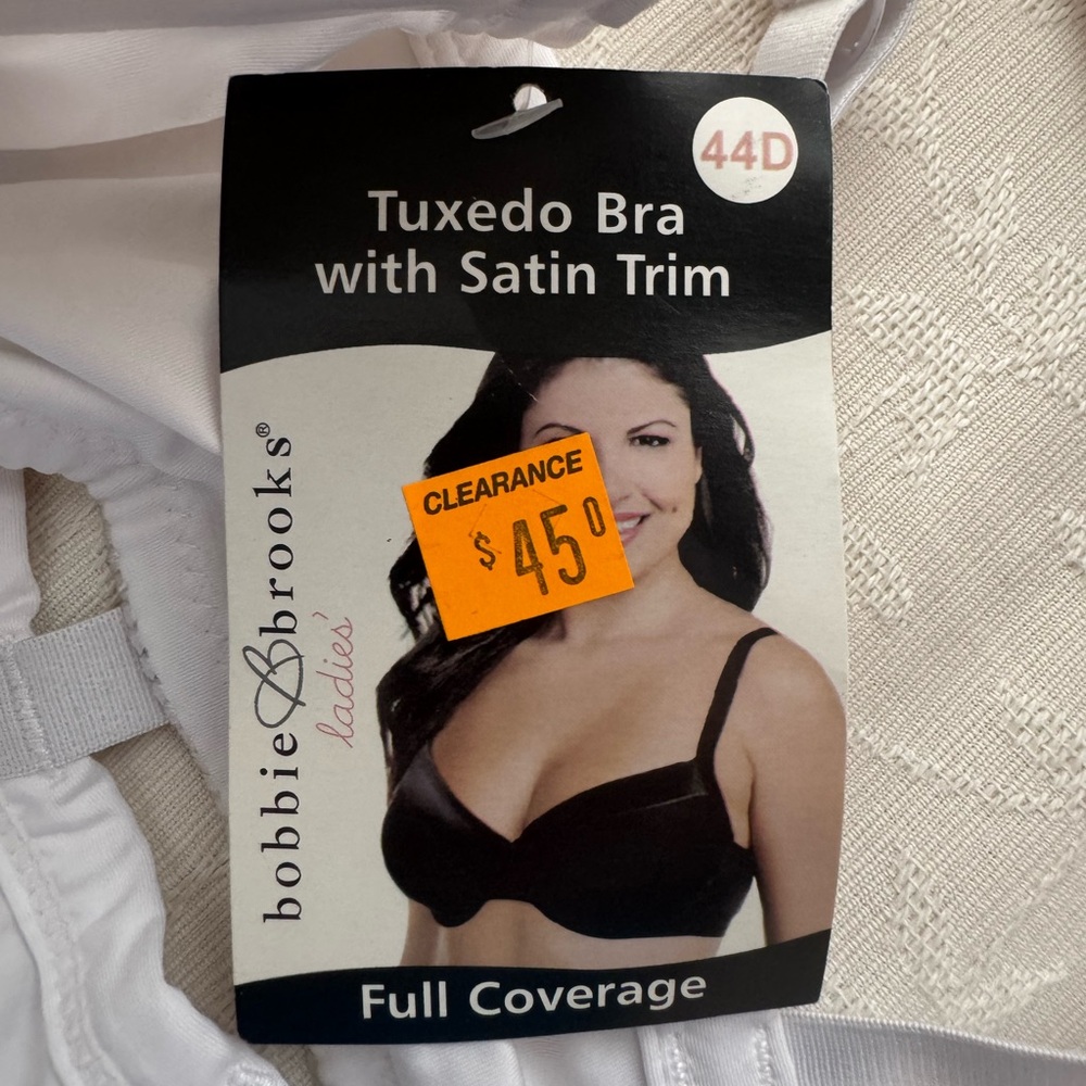White Bra Underwire NEW Bobbie Brooks Tuxedo Satin Trim Full Coverage Bra 44D
